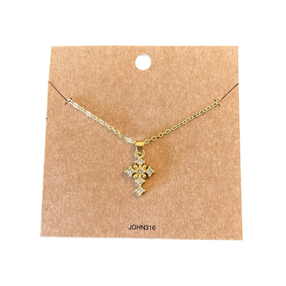 Gold Rhinestone Small Cross 16" Necklace John 3:16 Christian Faith Religious